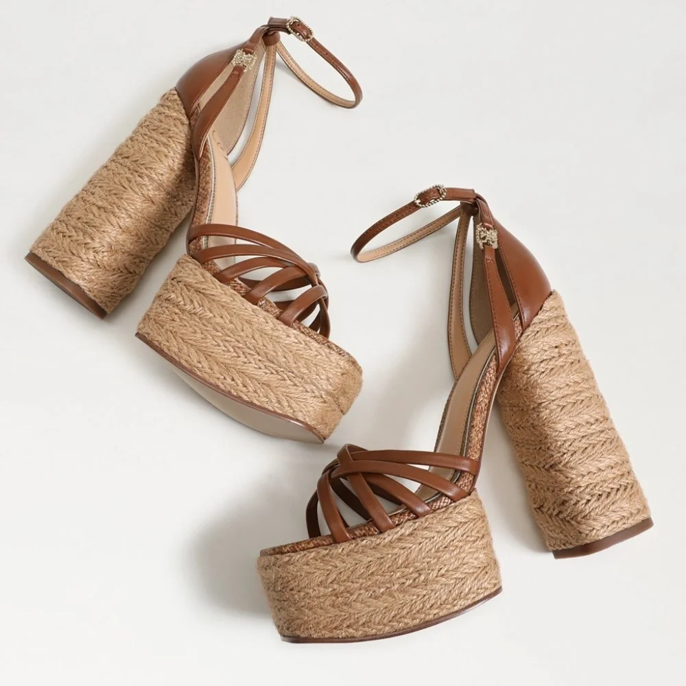 Sam Edelman Kade Cognac Leather Platform Sandals | 5.5" Heel Woven Detail - Picture 4 of 5